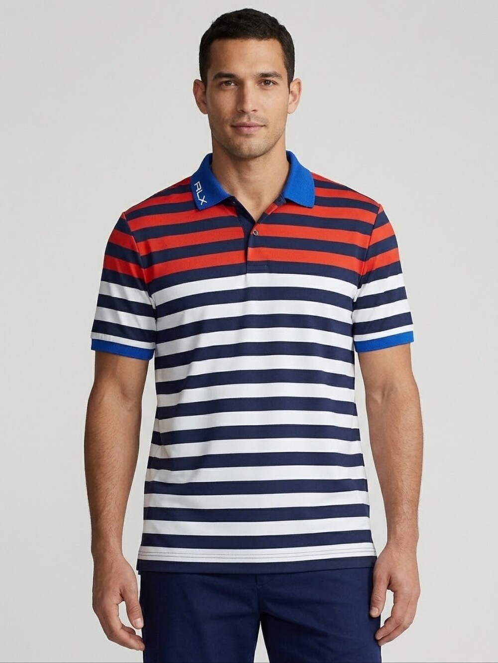 RLX Ralph Lauren Mens XL Striped Golf Polo Shirt Red Navy White Performance
